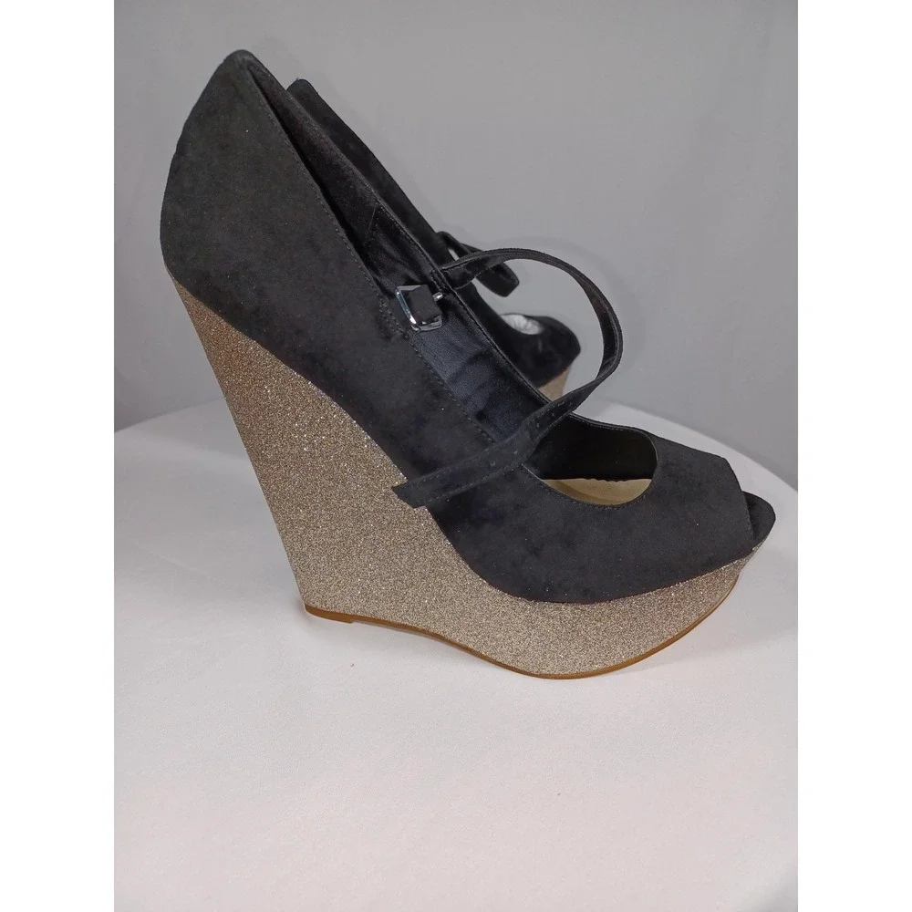 Steve Madden OPERA Shoes Womens‎ Size 8.5 Glitter Wedge Heels Peep Toe